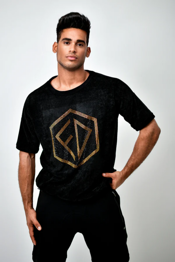black velvet touch t-shirt with gold logo